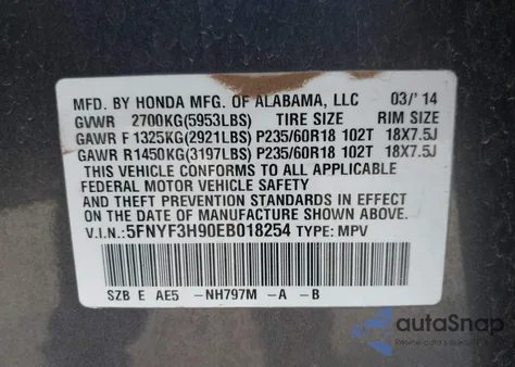 2014 Honda Pilot Touring z USA, uszkodzony, nr VIN 5FNYF3H90EB018254